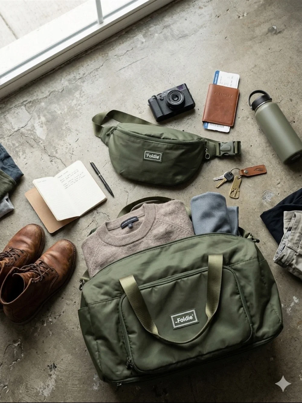 Foldie Olive Green Men's Duffel Bag with Matching Waist Pack